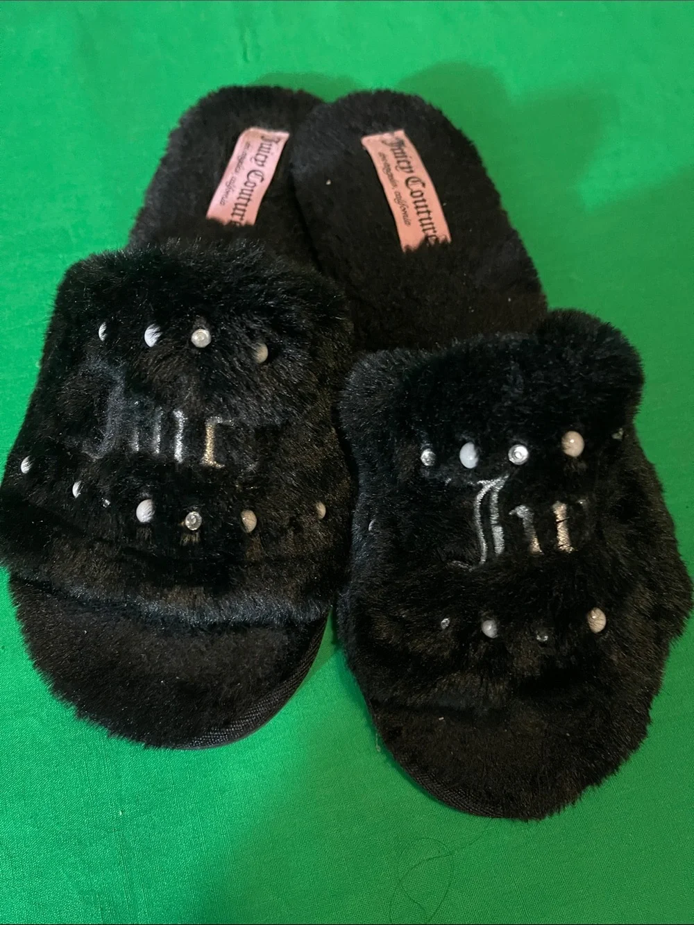 Juicy Couture Girls Black Faux-Fur Slide Slippers with Stud Accents